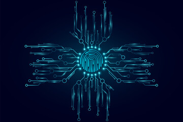 Poster - Glowing blue fingerprint integrated with a futuristic circuit network for biometric security background. Digital authentication and cybersecurity for your technology design. Vector illustration.