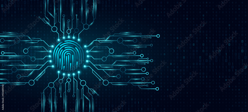 Glowing blue fingerprint integrated with a futuristic circuit network ...