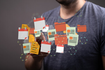 Poster - Person managing digital files and schedules.  Concept for productivity, organization, and data management.