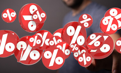 Poster - 3D rendered image of red percentage symbols floating, ideal for discount, sale, finance concepts.