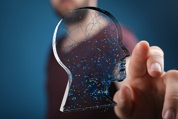 Poster - Abstract image of a human head with neural network connections. AI, technology, mind.