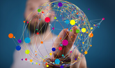 Poster - Abstract image of a man's hand interacting with a colorful digital network sphere, representing global connectivity and data visualization.