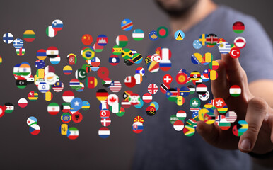 Poster - International connections, world map, global business, travel, flags of the world, diversity, globalization, international relations, worldwide network.