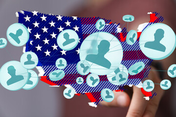 Poster - Visual representation of social connections across the United States. Network map overlayed on a US flag.