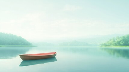  Serene Misty Lake Landscape with Calm Water and Verdant Green Hills in the Distance Under a Soft Bright Sky Du Early Morning