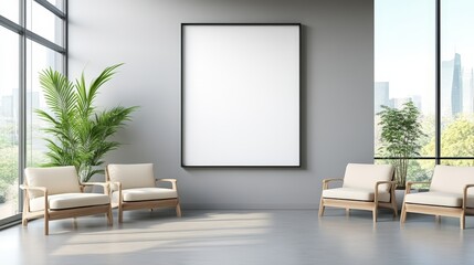 Poster - Modern minimalist waiting room with wooden chairs, large windows, indoor plants, and a blank framed wall art on a gray wall.