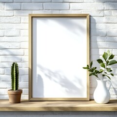 Poster - A blank wooden frame stands on a wooden surface between a potted cactus and a white vase with green leaves, casting shadows on a white brick wall background.