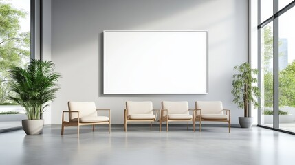 Poster - A modern waiting area with four wooden chairs, large potted plants, and a blank white rectangular frame on a light grey wall.