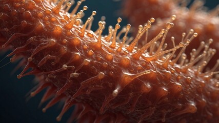 Poster - A microscopic view of a virus cell showing its intricate structures and textures. The detailed image reveals the complexity of its surface and biological design