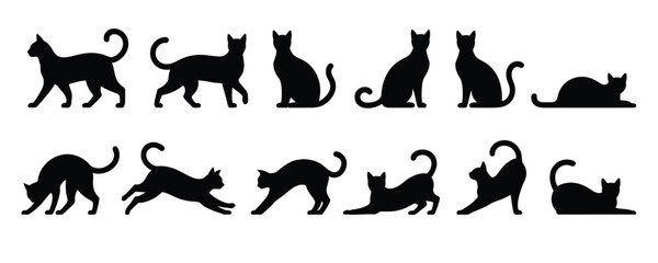 Naklejka na meble black cat silhouettes set in various dynamic poses including walking, sitting, stretching and playing for design and illustration use