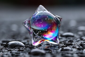 Poster - Colorful glass star with bubbles on a wet surface reflecting lights at twilight