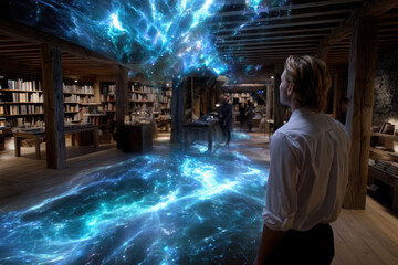 Poster - Spectacular light display in an ancient library creates an enchanting atmosphere