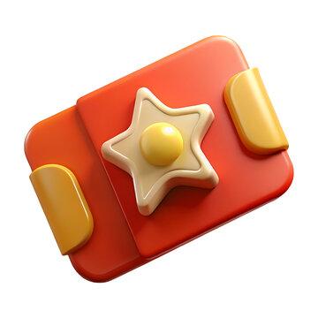 Three dimensional rendering of a red rectangular object resembling a closed book or wallet with rounded edges featuring a prominent off white star shape with a yellow center element on its