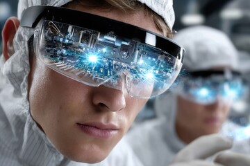 Poster - Innovative technology enthusiasts examining advanced circuitry in a modern laboratory setting