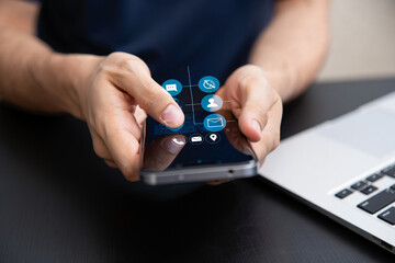 Poster - Person using smartphone with digital communication icons