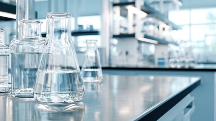 Poster - Clear laboratory glassware with water on a stainless steel countertop in a bright lab setting