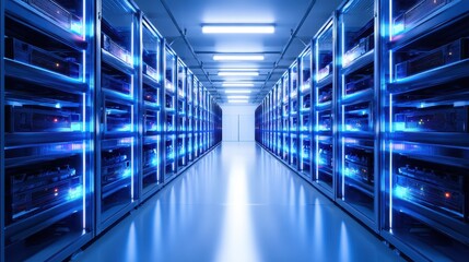 Aufkleber - High-tech data center with illuminated server racks and a clear pathway in a modern facility