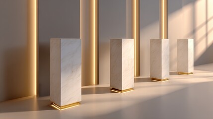 Poster - Elegant display of four marble pedestals illuminated by warm lighting in a modern gallery