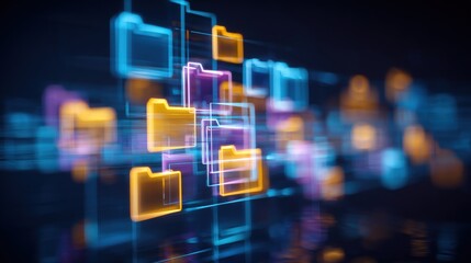 Poster - abstract network grid with files and folders, futuristic software interface, digital document manage