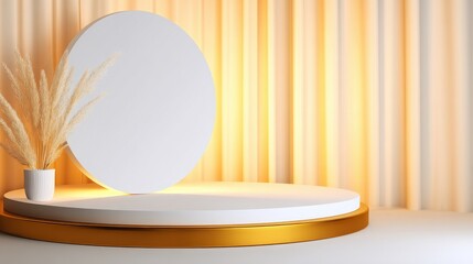Poster - Modern minimalist display with circular mirror and pampas grass in a softly lit studio setting