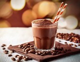 rich chocolate beverage with coffee beans on a table decorated with striped straws