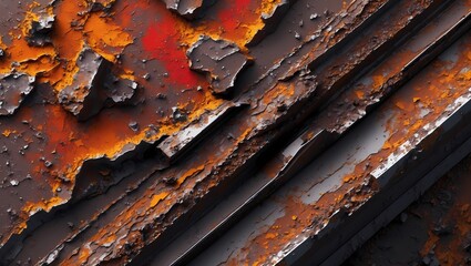 Poster - an old rusty surface with textured layers, showing age and decay. The weathered appearance of the metal evokes a sense of history and industrial decline