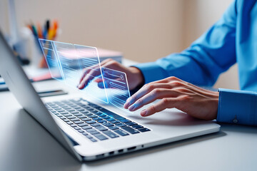 Poster - Person using laptop with digital interface showing website design elements