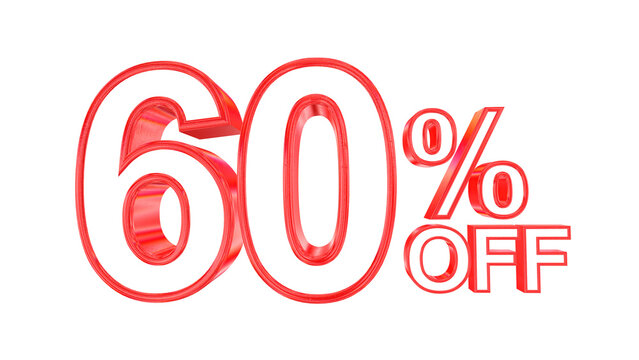 3d 60 percent off text with solid white and red metal outline effects isolated on a transparent background. 3d elements for graphic design.
