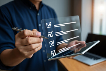 Poster - Businessman using digital tablet checking tasks on a checklist