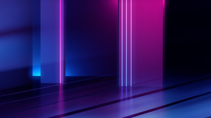 Wall Mural - Abstract background. Neon glow, neon light lines. Empty room in ultraviolet glow