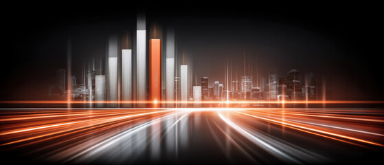 Poster - Economic and finance conceptual futuristic cityscape with glowing light trails and abstract bar chart representing growth and progress