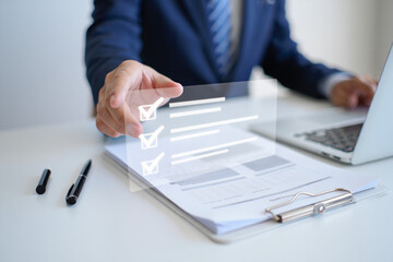 Poster - Businessman Reviewing Checklist on Transparent Interface