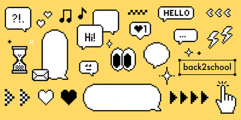 Poster - Y2k pixel retro dialogue box pack. 8bit communication elements, speech bubble, arrow, heart, music note, eye. Chat balloon for text message, back to school digital design, game interface, social media