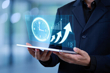 Poster - Businessman using tablet showing time management and growth chart
