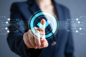 Poster - Businesswoman Approving Digital Check Mark on Futuristic Interface