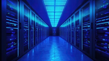 Poster - Advanced server room interior with blue LED ceiling lights and high-density server racks, suitable for illustrating data centers, cloud storage, and digital infrastructure