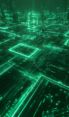Poster - Green technological landscape abstract city filled with glowing circuit boards data flow design render
