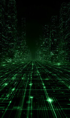 Poster - A futuristic cityscape emerges from the darkness illuminated by networks of green data flowing through virtual corridors and towering structures