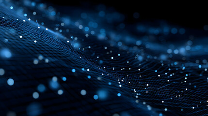 Poster - Abstract network of glowing dots with interconnected lines forming a digital landscape blue background