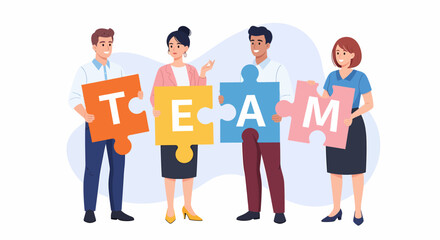 Poster - Diverse Team Building with Jigsaw Puzzle Pieces in Modern Office