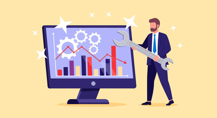 Poster - Businessman Fixing Financial Analytics on Monitor with a Wrench Tool