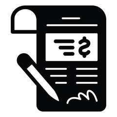 Poster - Expenses document with pen signature solid icon, family lawyer concept. Vector graphics. Taxation and court fee contract sign on white background, style mobile or design.