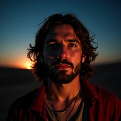 Poster - In the Christ Desert, a young man stands still as dusk approaches, sunlight casting dramatic shadows over his features while the sky bursts into vibrant hues Generative AI