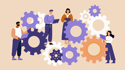 Poster - Teamwork and collaboration concept with people working together with gears business process and system integration for success and innovation