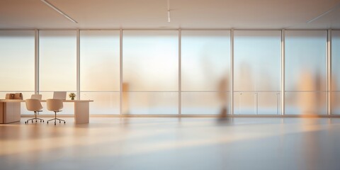 Poster - Modern office interior with large windows and soft sunlight illuminating a peaceful workspace during early morning hours