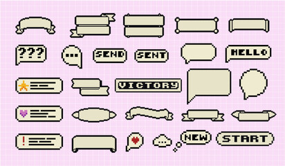 Fototapete - Pixel art frames. Retro 8 bit buttons, arrows, speech bubble messages and quote frame. Game UI vector template set of pixel game frame, 8 bit message illustration
