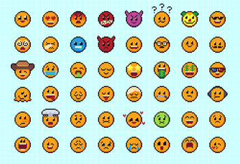 Fototapete - Pixels Y2k funny playful emoticon stickers. Love, kiss, melting smile. 8-bit retro style vector illustration for social media. Set of emoticons pixel art. Emoji pixelated icons. Various faces