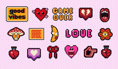 Poster - Y2k pixel art icon set with hearts, smile face and speech bubbles. Mood of 90's. 8 bit editable pixel vector illustration. Game abstract Happy Valentines Day elements.