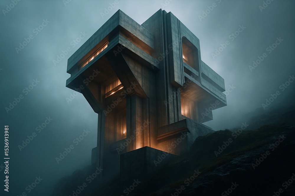 Zdjęcie bez tantiem: Futuristic brutalist building on a foggy cliffside ...