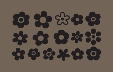 Poster - Collection of retro style black flower icons on brown background